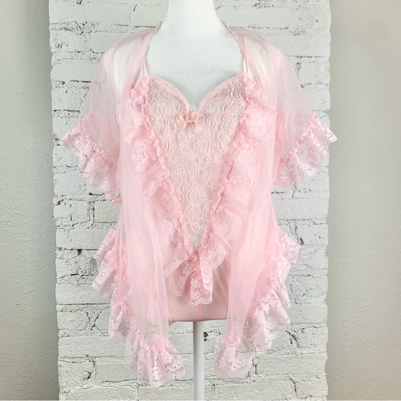 Alana Gale Intimates Nylon Pink Lace Ruffle Two Piece Teddy Robe Lingerie Set L - Picture 2 of 15